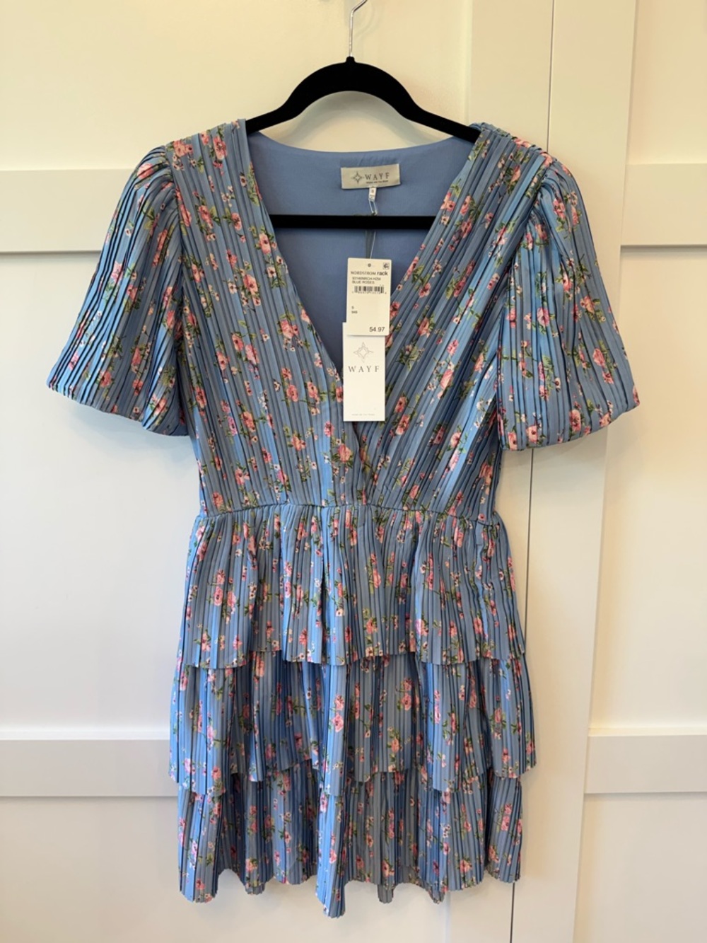NWT WAYF Blue & Pink Floral Pleated Tiered Mini Dress